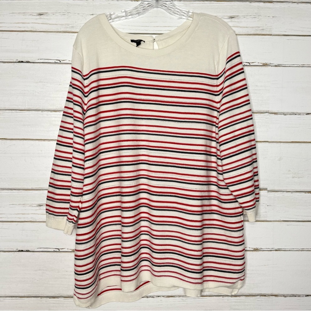 Talbots Woman Red Black Cream Striped Cotton Knit Sweater